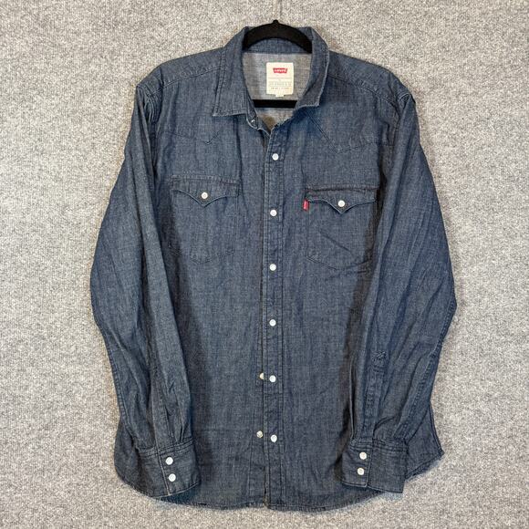 Levis Shirt Mens Large Blue Denim Jean Button Up Long Sleeve Western Pearl Snap - Picture 1 of 10